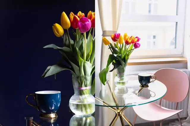 Tulipany na szklanym stoliku w nowoczesnym wnętrzu